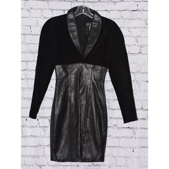 VINTAGE Michael Hoban North Beach Black Suede & Leather Mini Cocktail Dress Sz P - Picture 1 of 6